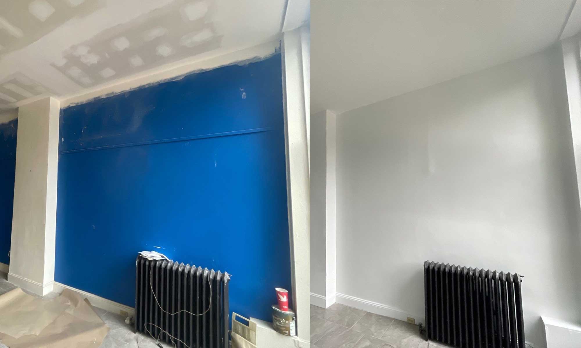 Commercial painting before and after in Philadelphia PA showing a blue accent wall repainted with a clean neutral finish by Groovy Hues Painting of PhiladelphiaTitle: