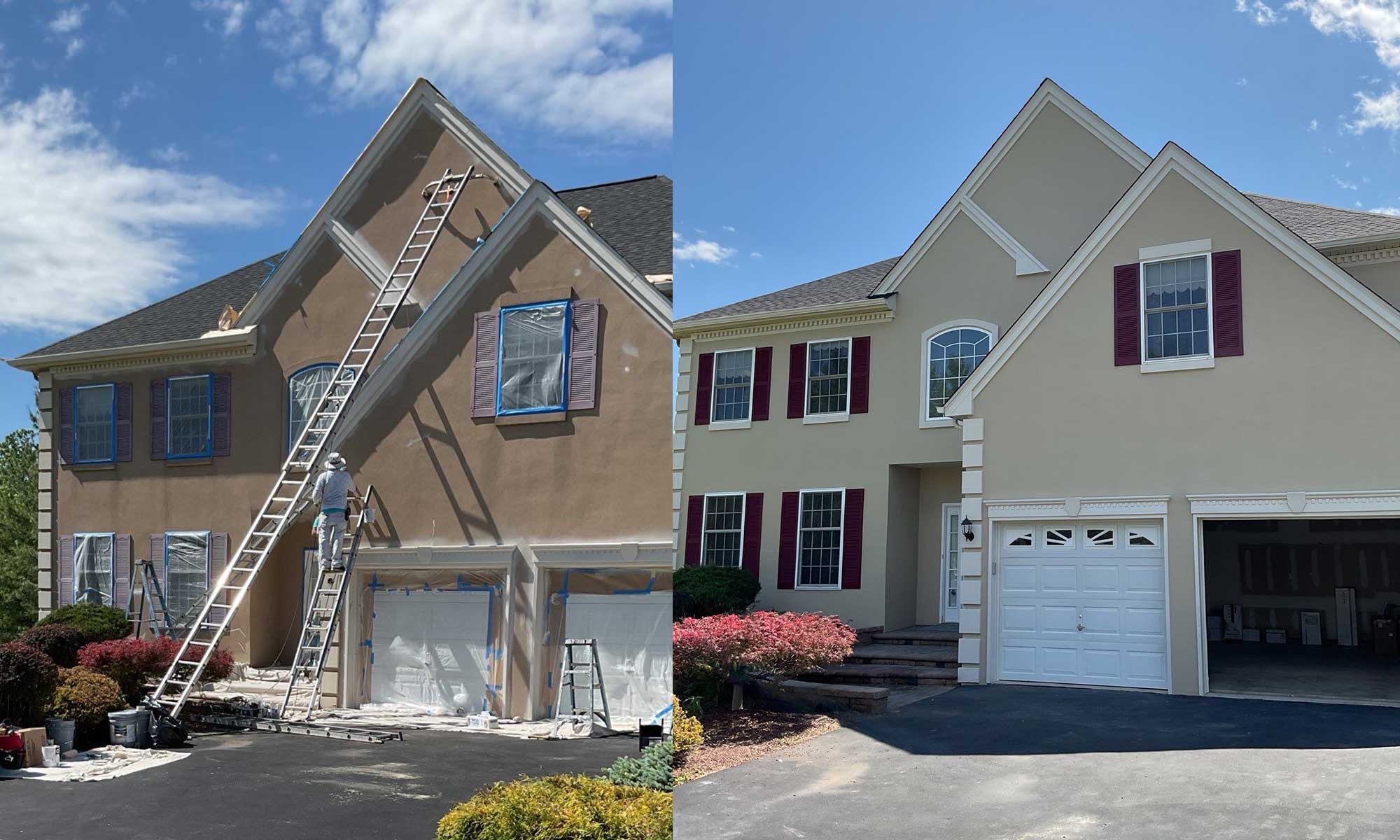 Residential exterior painting project in Philadelphia PA featuring a freshly painted home exterior with updated siding, trim, shutters, and garage door by Groovy Hues Painting of Philadelphia
