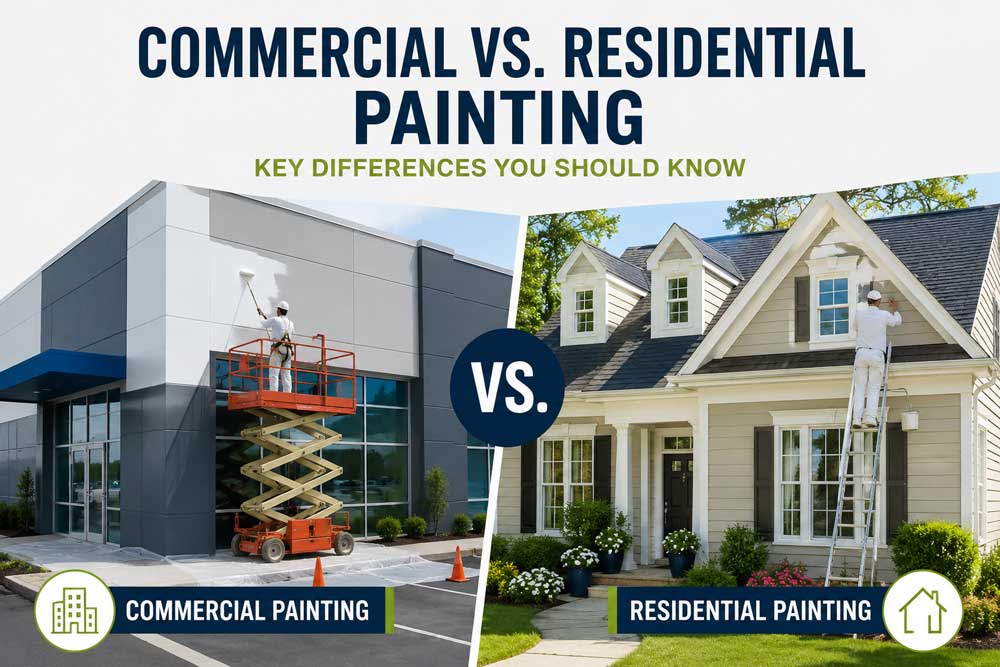 Commercial vs residential painting comparison by Groovy Hues Painting of Philadelphia showing a commercial building and a residential home being professionally painted
