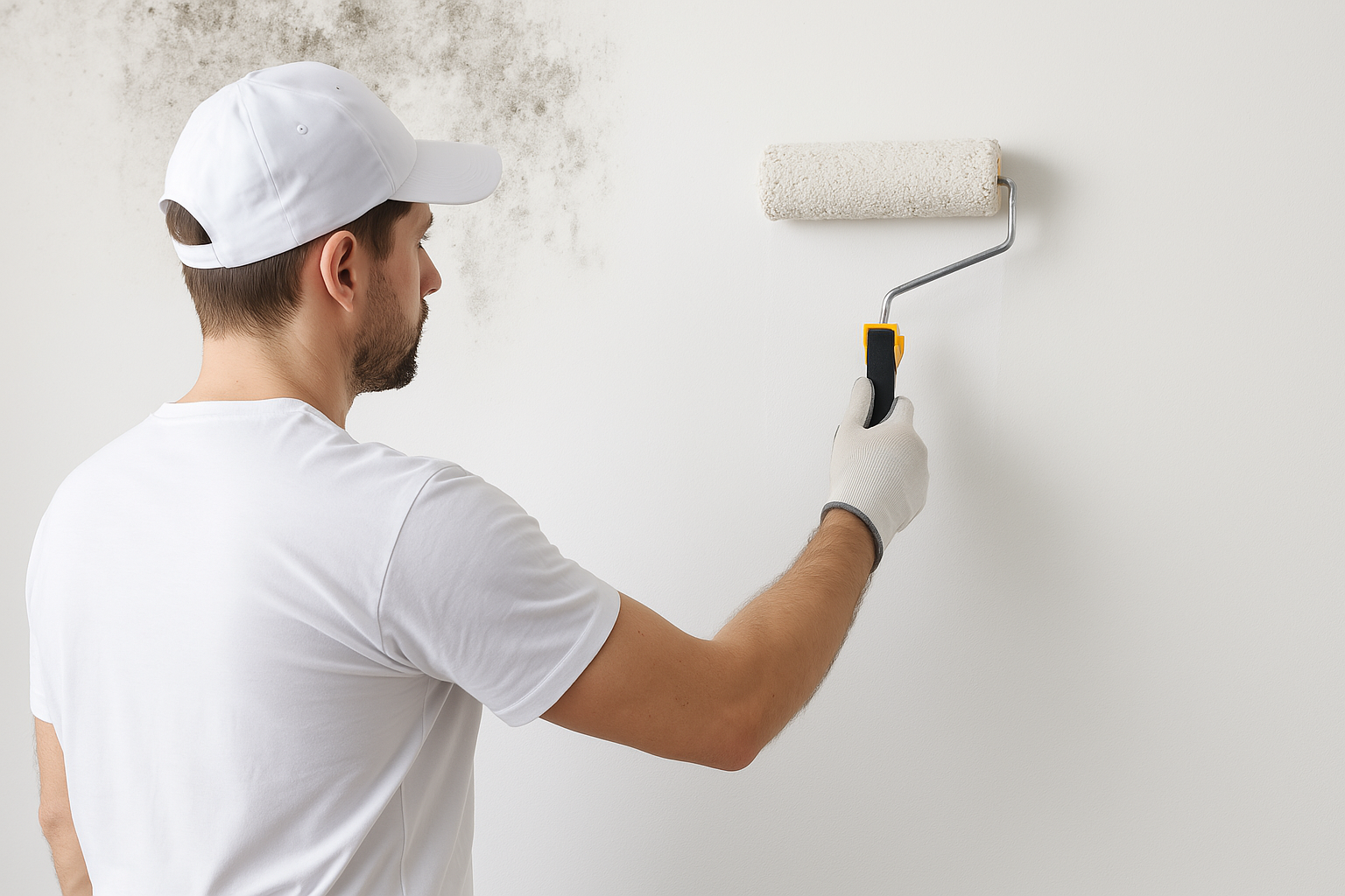a painter painting a wall over mold