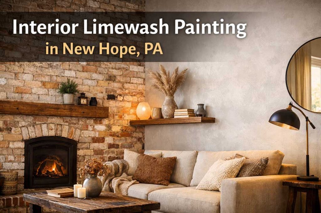 Interior limewash painting on brick and plaster walls in a New Hope, PA home, showcasing a soft matte finish for historic and modern interiors