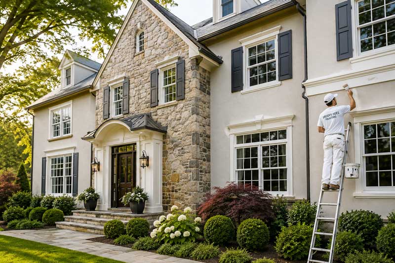 Exterior painting for a stone and stucco home in Villanova PA with warm white stucco, natural stone facade, black shutters, and detailed trim painting by Groovy Hues Painting of Philadelphia