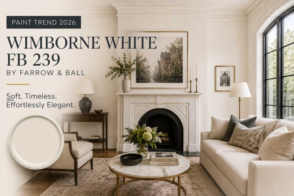 Wimborne White FB 239 by Farrow and Ball featured in a bright Philadelphia living room with soft warm white walls and elegant interior design