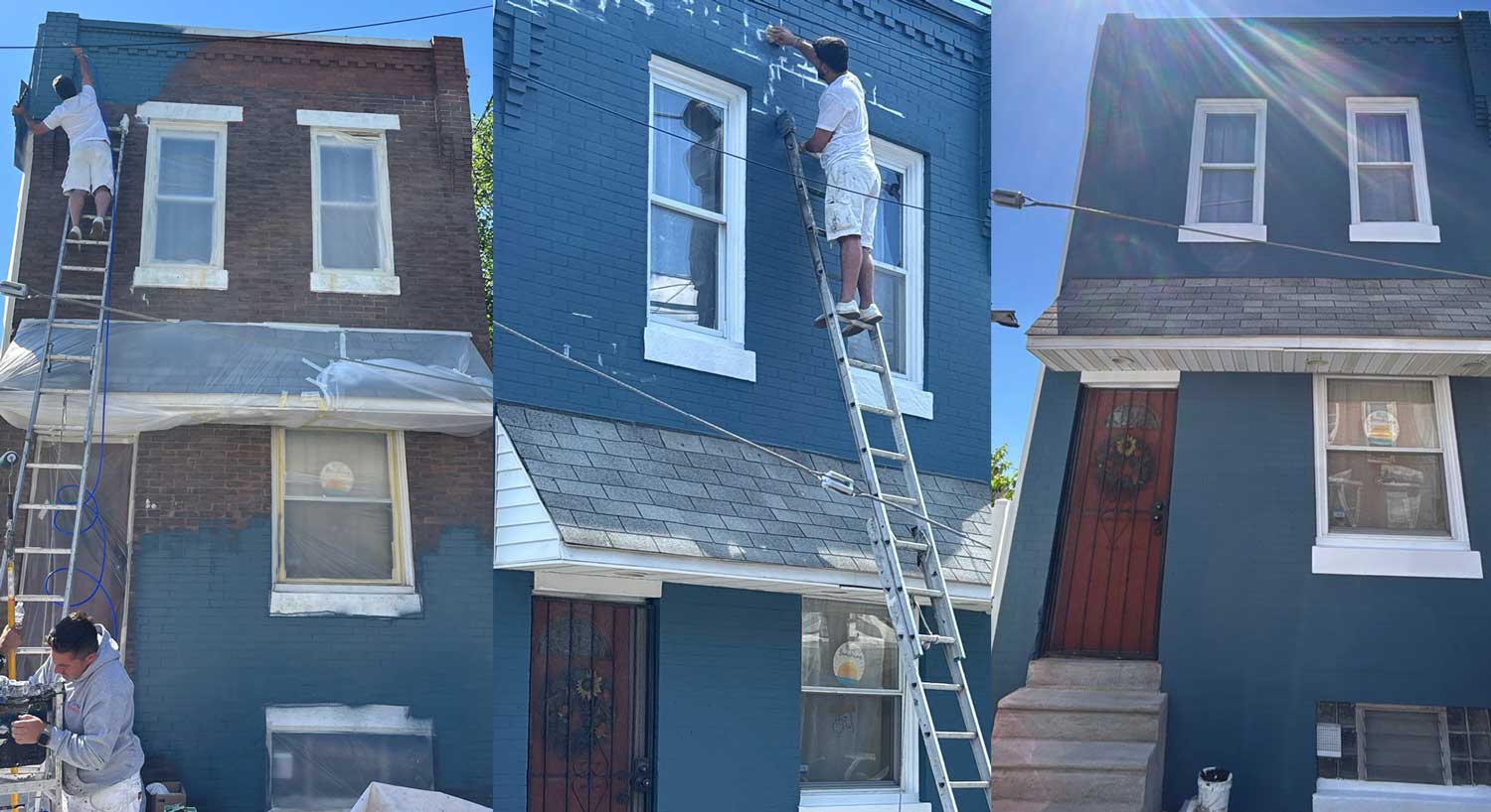 House exterior painting before and after project in Philadelphia PA showing a brick rowhome transformed with dark blue paint and white trim by Groovy Hues Painting of Philadelphia