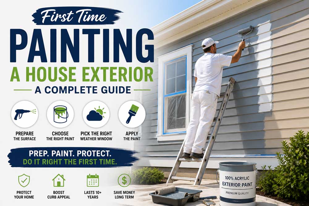 Homeowner painting a house exterior with a roller as part of a first-time exterior painting guide by Groovy Hues Painting of Philadelphia
