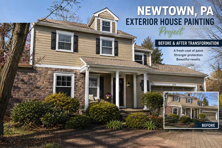 Exterior house painting project in Newtown PA completed by Groovy Hues Painting of Bucks County featuring freshly painted siding, trim, and stone accents on a Bucks County home