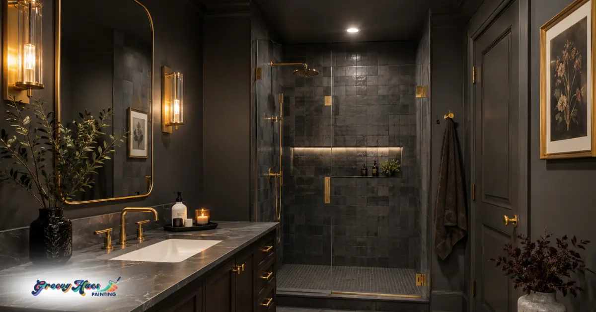 Picture of a dark grey bathroom after painting walls and trim the same color