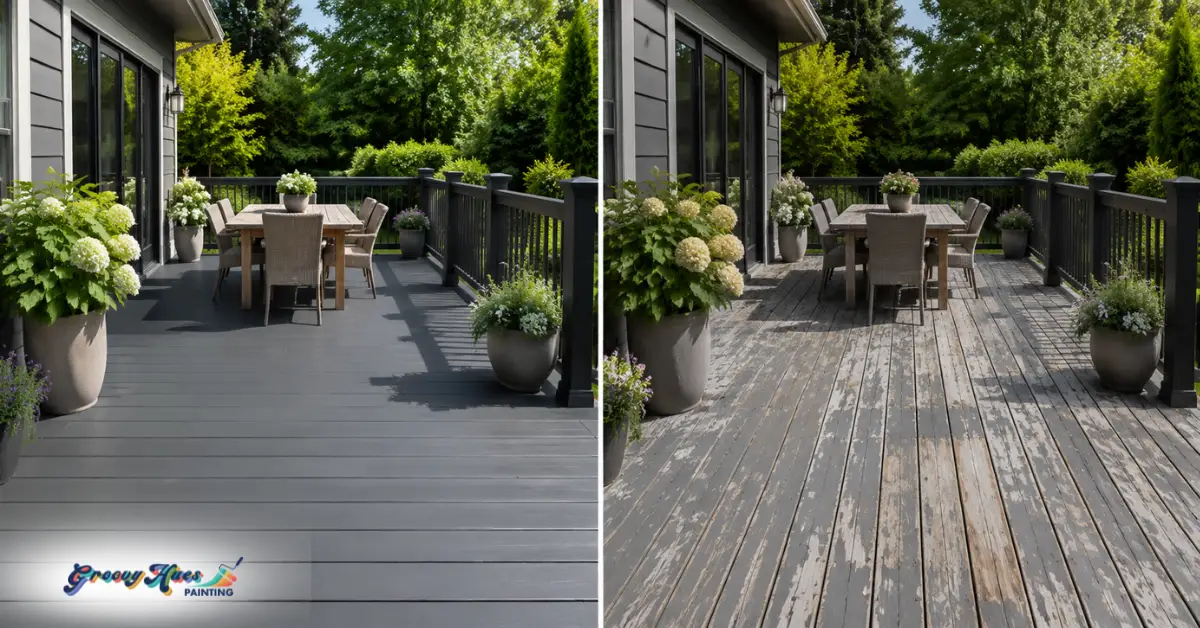 Picture of a freshly painted deck vs. a stained, faded, and chipped deck.
