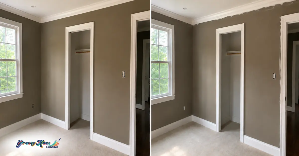 Picture of a professionally painted room next to a DIY -- how to paint trim