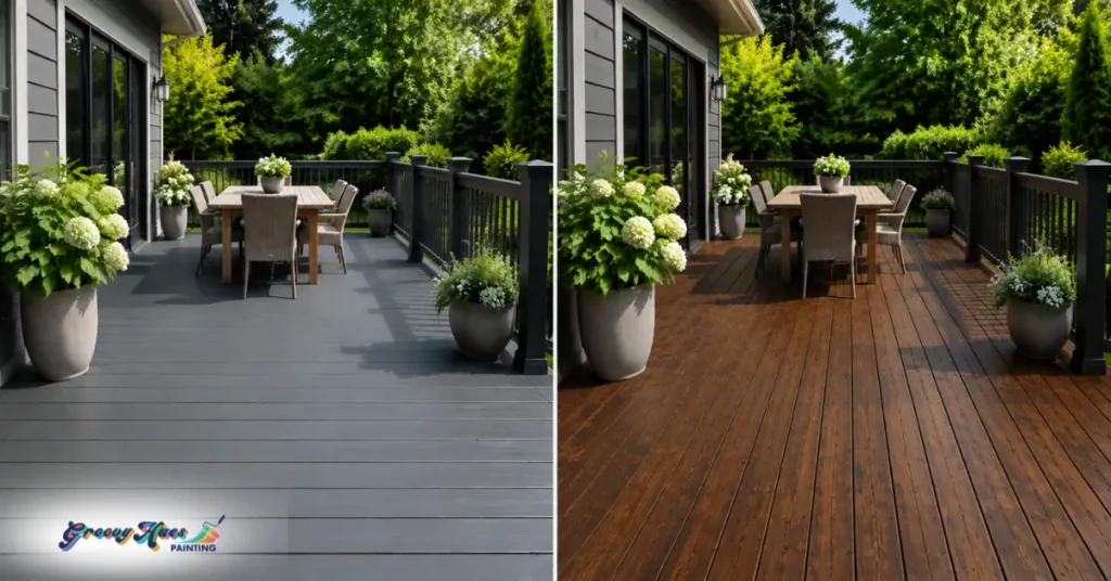 Groovy Hues side by side look at deck paint vs. stain.